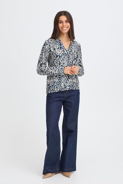 20617395 Print Satin Feel Blouse Top Navy/White