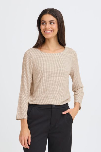 20617523 Check 3/4 Slve Boat Neck Top Beige