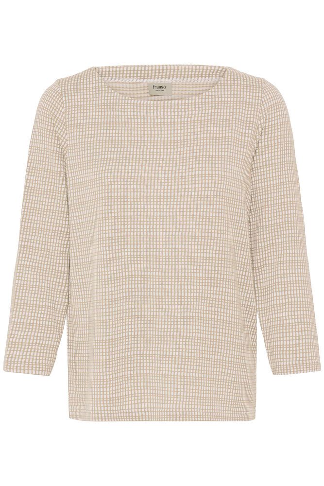 20617523 Check 3/4 Slve Boat Neck Top Beige