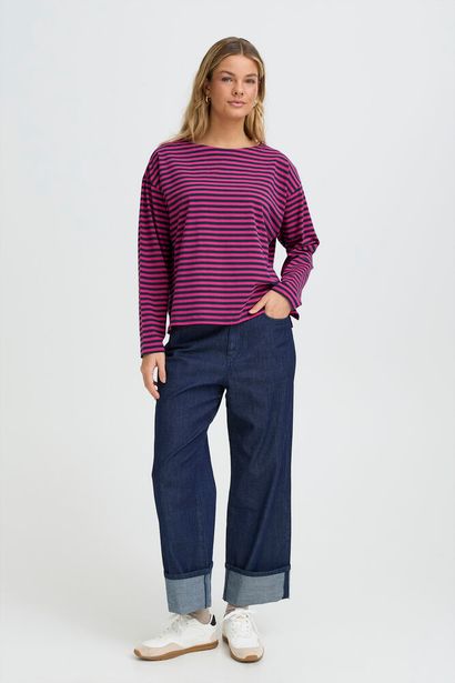20617658 Stripe Box O/Size L/S Top Fushia/Navy