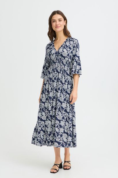 20617797 Print V-Neck Elastic Midi Sun D Navy/White