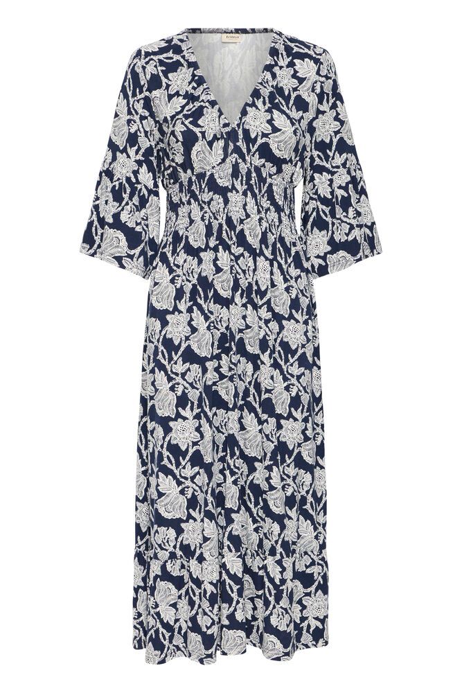 20617797 Print V-Neck Elastic Midi Sun D Navy/White