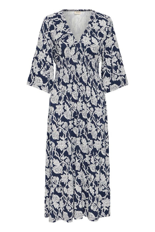 20617797 Print V-Neck Elastic Midi Sun D Navy/White