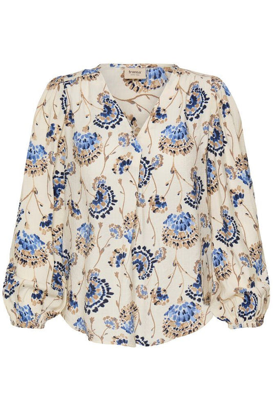 20617836 Print L/S Floral Blouse White/Blue