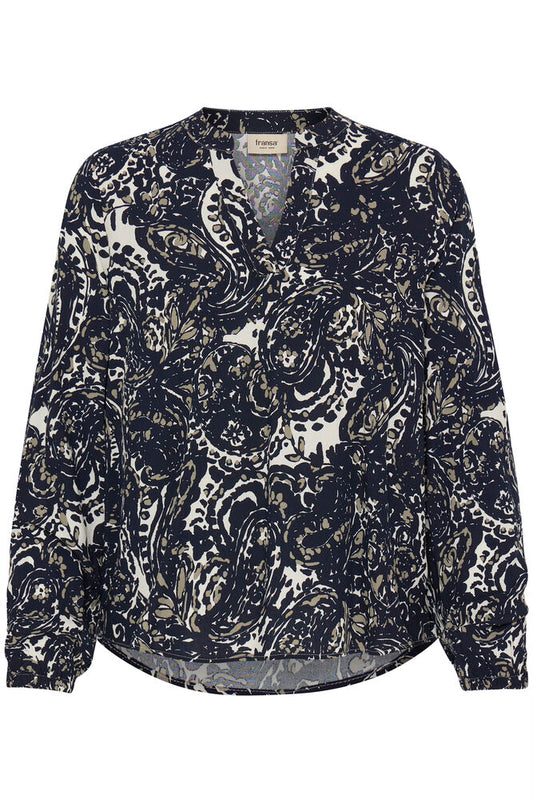 20618003 PRINT V-NECK COTTON FEEL L/S BLOUSE Navy