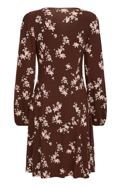 20618029 PRINTED JERSEY V-NECK L/S A-LINE DRESS Wine-Red