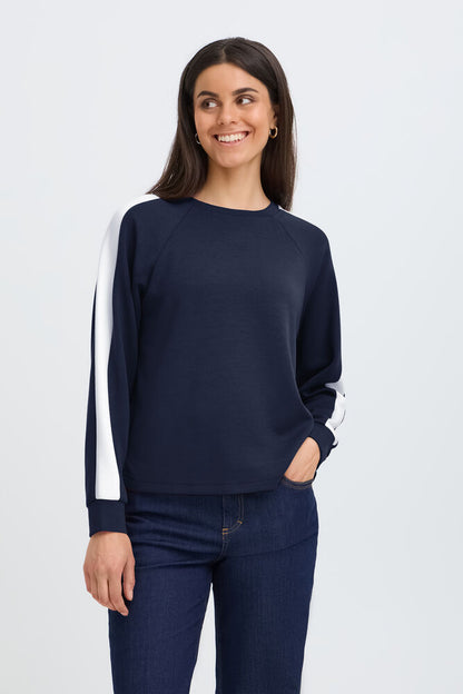 20618035 SUPER SOFT SCUBA FABRIC SWEAT CREW NECK JUMPER STRIPE SLEEVE Navy
