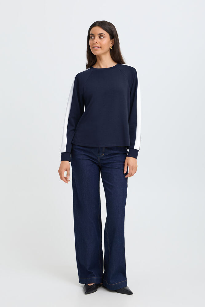 20618035 SUPER SOFT SCUBA FABRIC SWEAT CREW NECK JUMPER STRIPE SLEEVE Navy