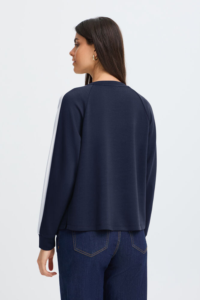 20618035 SUPER SOFT SCUBA FABRIC SWEAT CREW NECK JUMPER STRIPE SLEEVE Navy