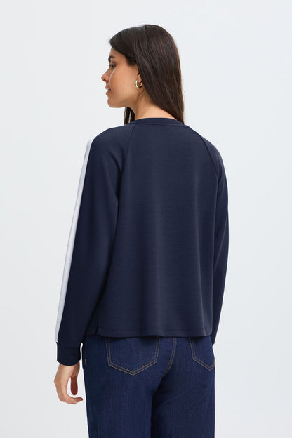 20618035 SUPER SOFT SCUBA FABRIC SWEAT CREW NECK JUMPER STRIPE SLEEVE Navy