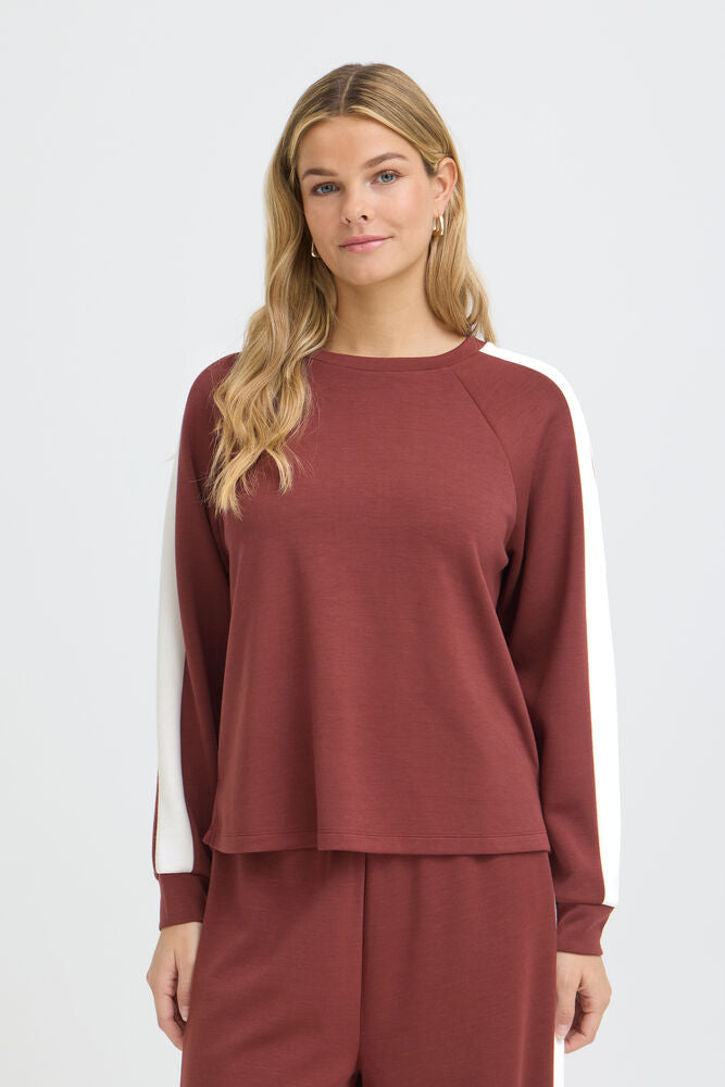20618035 SUPER SOFT SCUBA FABRIC SWEAT CREW NECK JUMPER STRIPE SLEEVE Wine-Red