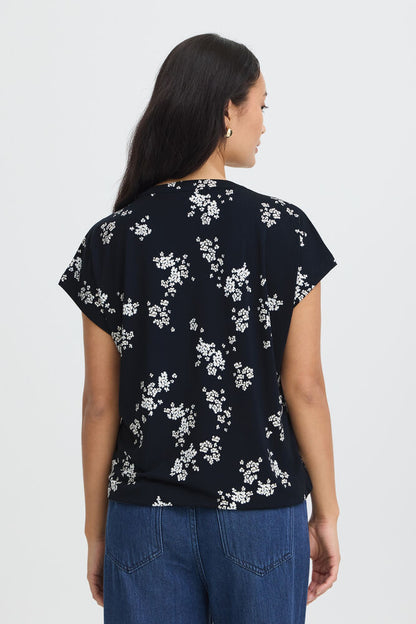 20618048 sh/sl elastic waist v neck print tee Navy/Cream
