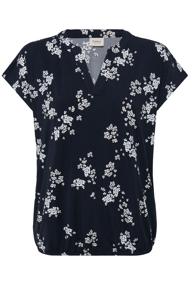 20618048 sh/sl elastic waist v neck print tee Navy/Cream