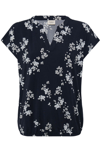 20618048 sh/sl elastic waist v neck print tee Navy/Cream
