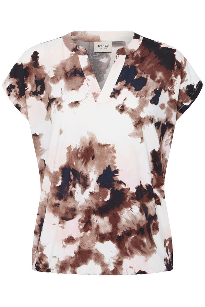 20618048 sh/sl elastic waist v neck print tee Cream/Brown