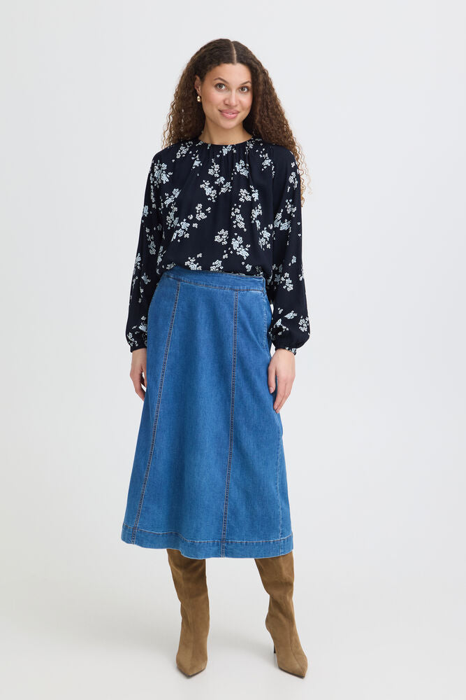 20618057 o neck elastic waist floral tops Navy
