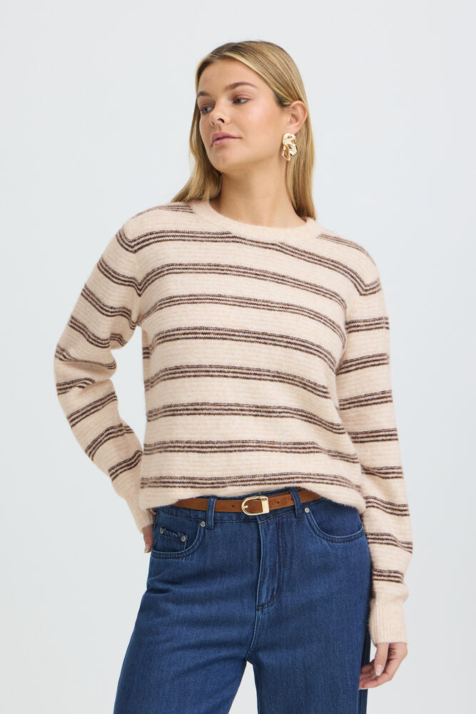 20618101 WOOL MIX DOUBLE THIN STRIPE O-NECK JUMPER Beige