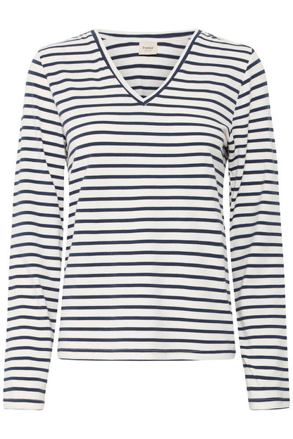 20618126 V-NECK LONG SLEEVE STRIPE TOP Navy/White