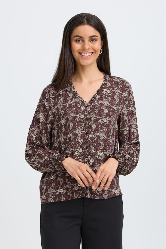 20618218 PLEAT FRONT PRINTED BLOUSE Wine-Red