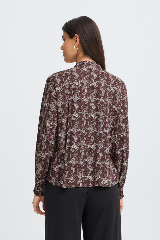 20618218 PLEAT FRONT PRINTED BLOUSE Wine-Red