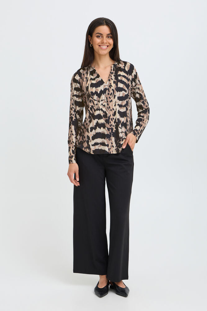 20618221 PRINTED 3/4 SLVE V-NECK TOP Brown