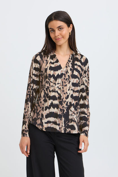 20618221 PRINTED 3/4 SLVE V-NECK TOP Brown