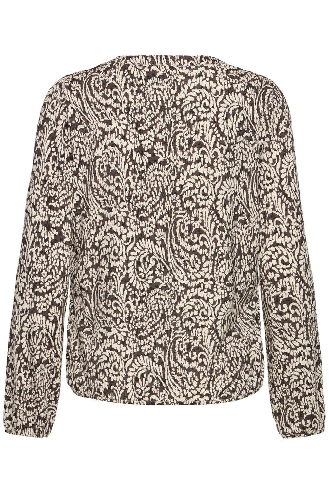 20618225 PRINTED V-NECK L/S ELASTIC BOTTOM TOP Brown