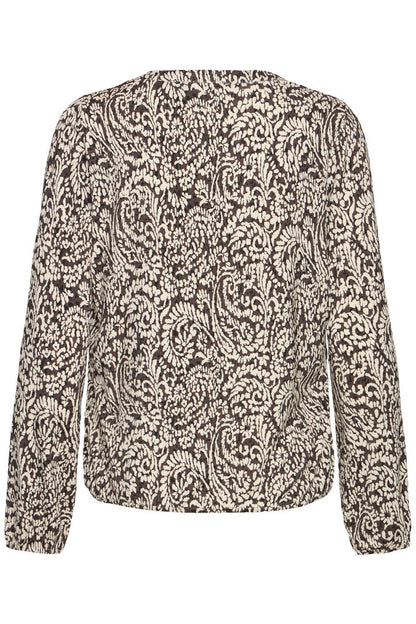 20618225 PRINTED V-NECK L/S ELASTIC BOTTOM TOP Brown