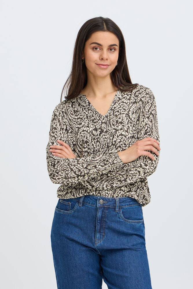 20618225 PRINTED V-NECK L/S ELASTIC BOTTOM TOP Brown