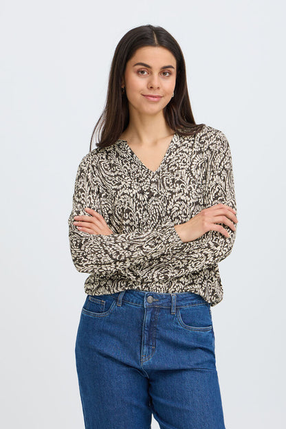 20618225 PRINTED V-NECK L/S ELASTIC BOTTOM TOP Brown