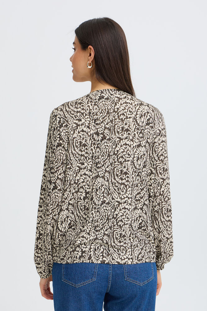20618225 PRINTED V-NECK L/S ELASTIC BOTTOM TOP Brown