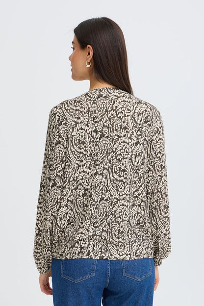 20618225 PRINTED V-NECK L/S ELASTIC BOTTOM TOP Brown