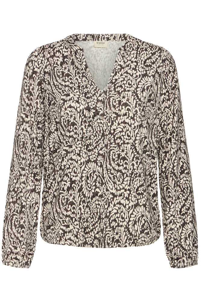 20618225 PRINTED V-NECK L/S ELASTIC BOTTOM TOP Brown