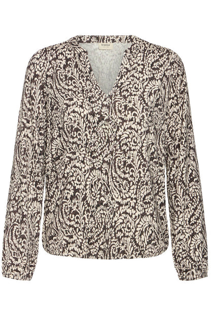20618225 PRINTED V-NECK L/S ELASTIC BOTTOM TOP Brown