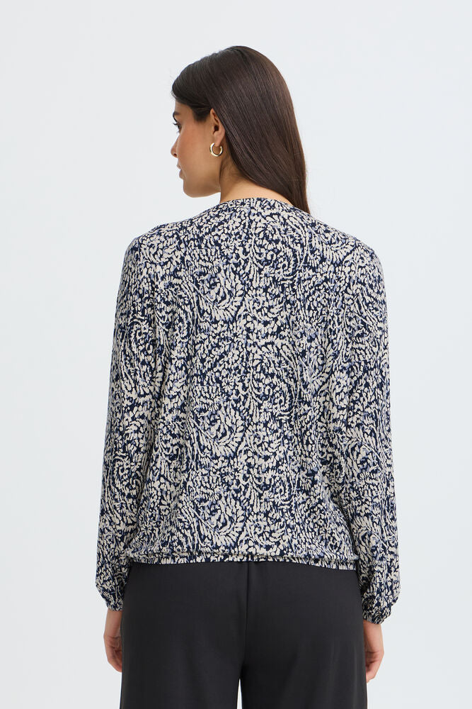 20618225 PRINTED V-NECK L/S ELASTIC BOTTOM TOP Navy/White
