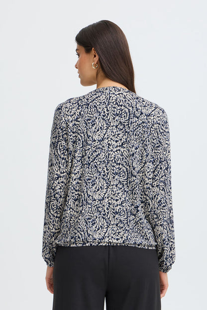 20618225 PRINTED V-NECK L/S ELASTIC BOTTOM TOP Navy/White