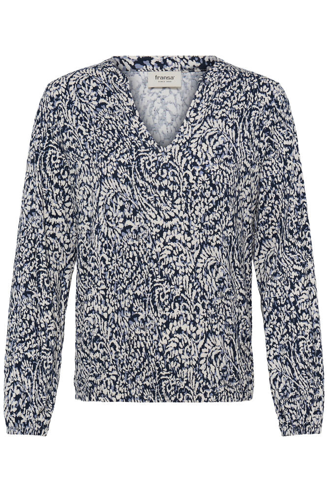 20618225 PRINTED V-NECK L/S ELASTIC BOTTOM TOP Navy/White