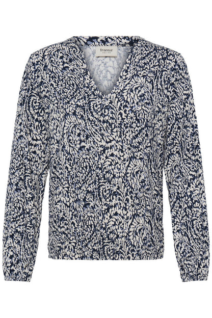 20618225 PRINTED V-NECK L/S ELASTIC BOTTOM TOP Navy/White