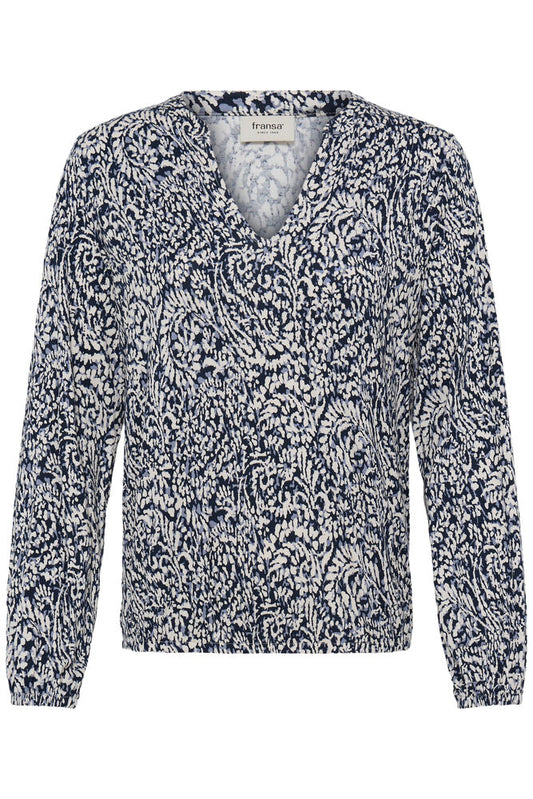 20618225 PRINTED V-NECK L/S ELASTIC BOTTOM TOP Navy/White
