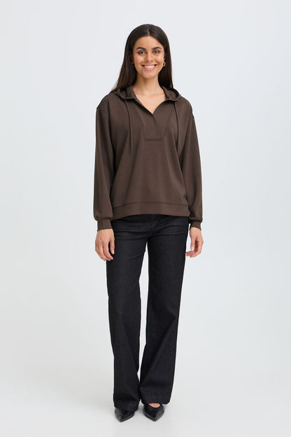 20618234 V-NECK SCUBA FABRIC HOODIE TOP Brown