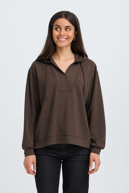 20618234 V-NECK SCUBA FABRIC HOODIE TOP Brown