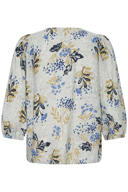 20618254 PRINT COTTON BALLOON SLVE BUTTON UP BLOUSE STYLE TOP Blue