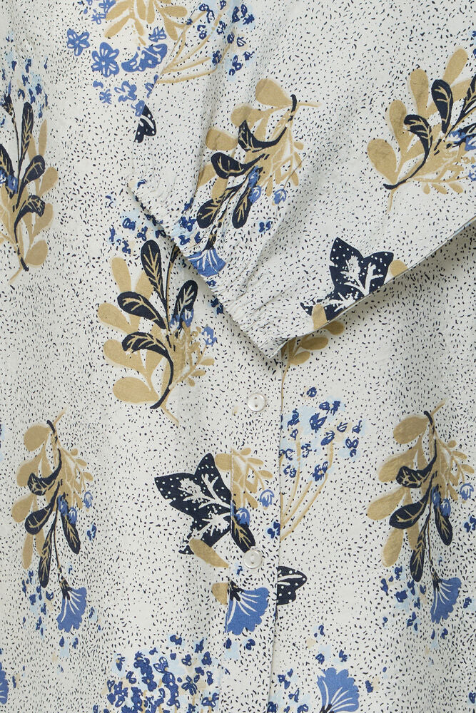 20618254 PRINT COTTON BALLOON SLVE BUTTON UP BLOUSE STYLE TOP Blue