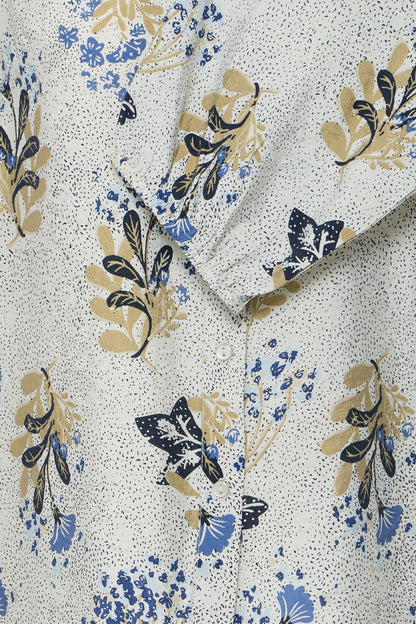 20618254 PRINT COTTON BALLOON SLVE BUTTON UP BLOUSE STYLE TOP Blue