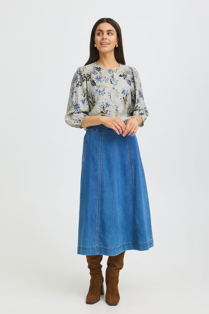 20618254 PRINT COTTON BALLOON SLVE BUTTON UP BLOUSE STYLE TOP Blue
