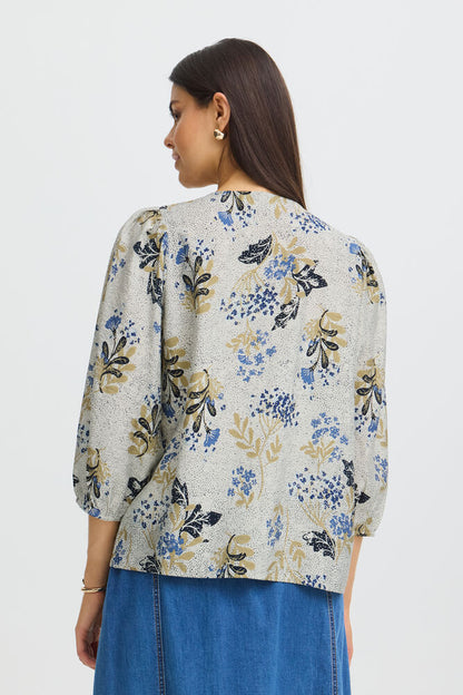 20618254 PRINT COTTON BALLOON SLVE BUTTON UP BLOUSE STYLE TOP Blue