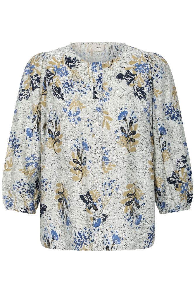 20618254 PRINT COTTON BALLOON SLVE BUTTON UP BLOUSE STYLE TOP Blue