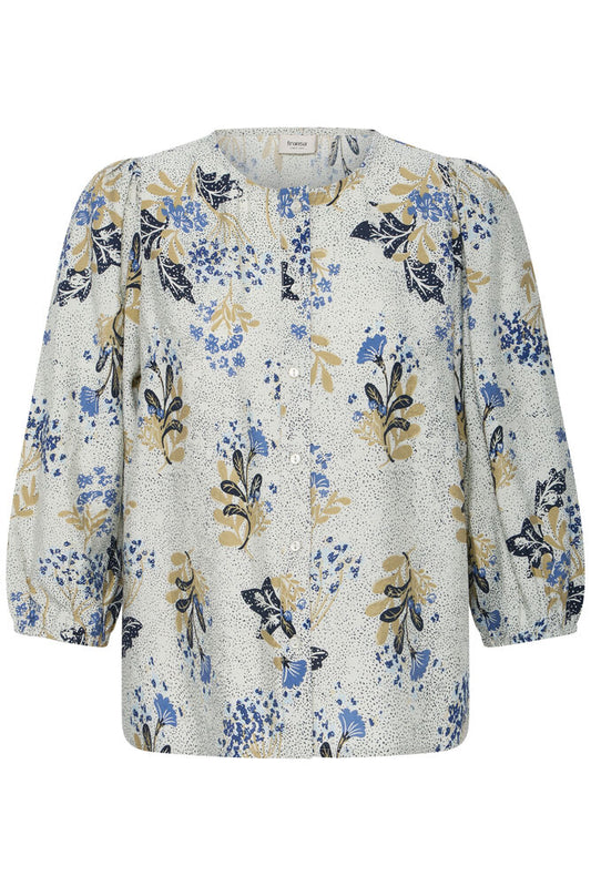 20618254 PRINT COTTON BALLOON SLVE BUTTON UP BLOUSE STYLE TOP Blue