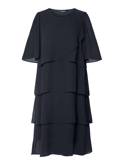 216358 Layered Chiffon O-Neck 1/2 Slve D Black