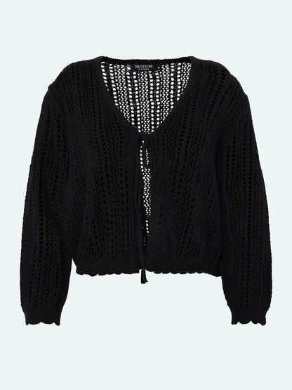 218827 Tie Front Crochet Cardigan Black